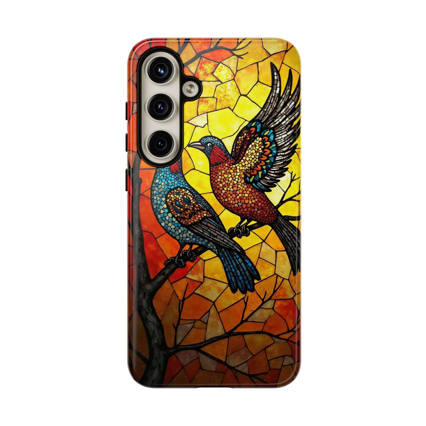 Vibrant Hummingbirds with Stained Glass Charm