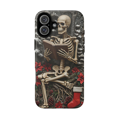 Surreal Relief Sculpture of Skeleton Reading Amidst Festive Decor phone case design
