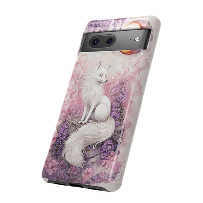 Whimsical White Fox Surrounded By Lavender And Pink Blooms phone case design.