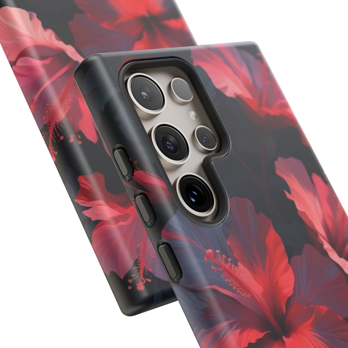 Vibrant red and pink hibiscus flowers blooming against a dark background| Floral phone case design
