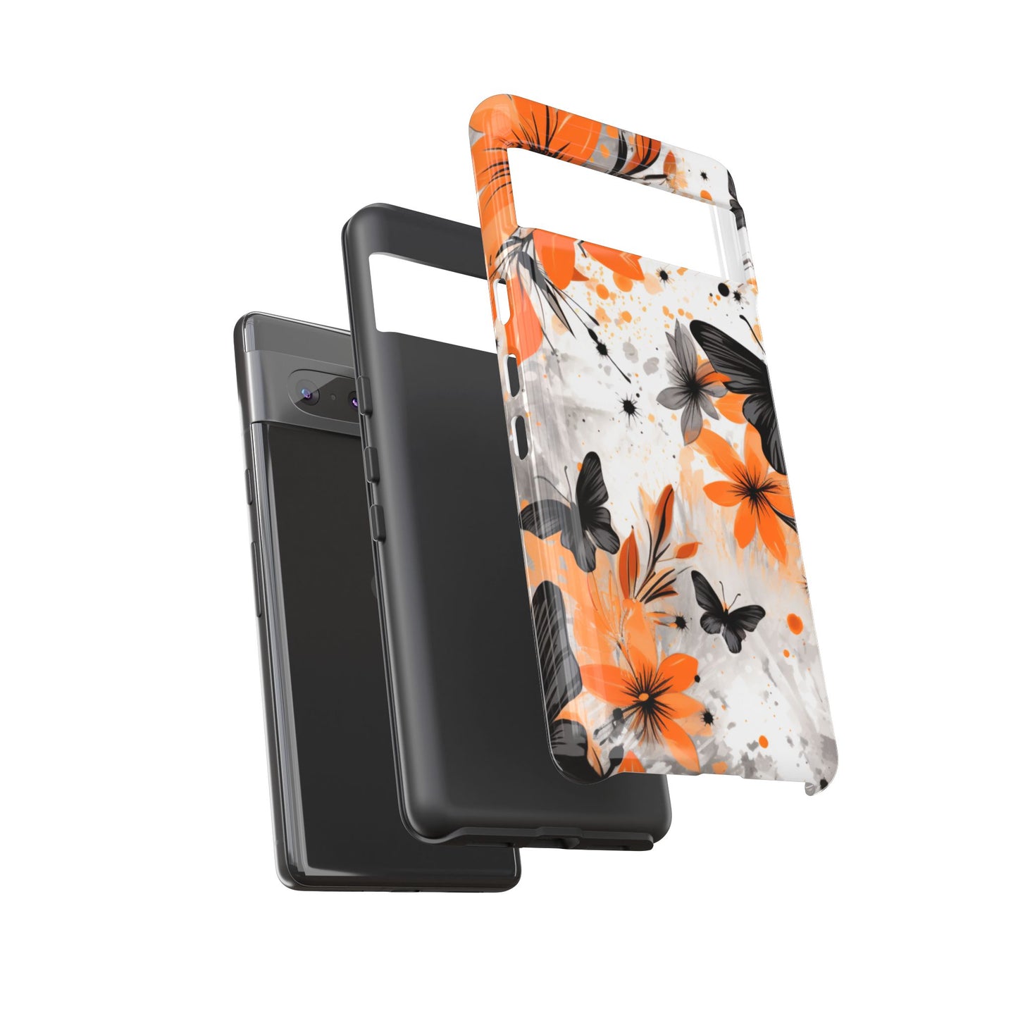 Bold Butterfly & Floral Splash Mobile Cover – Black & Orange Aesthetic