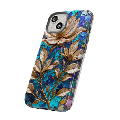 Golden Blossoms on Mosaic Blue Elegance