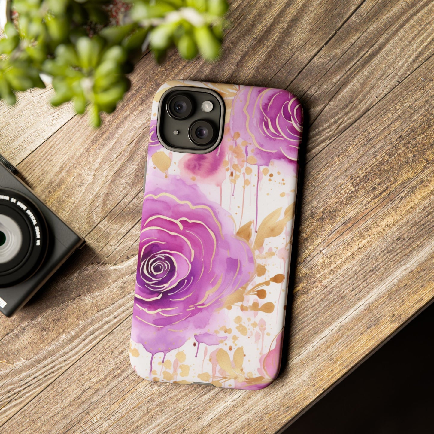 Elegant Purple-Gold Watercolor Rose Mobile Case