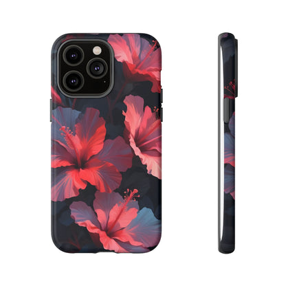 Vibrant red and pink hibiscus flowers blooming against a dark background| Floral phone case design