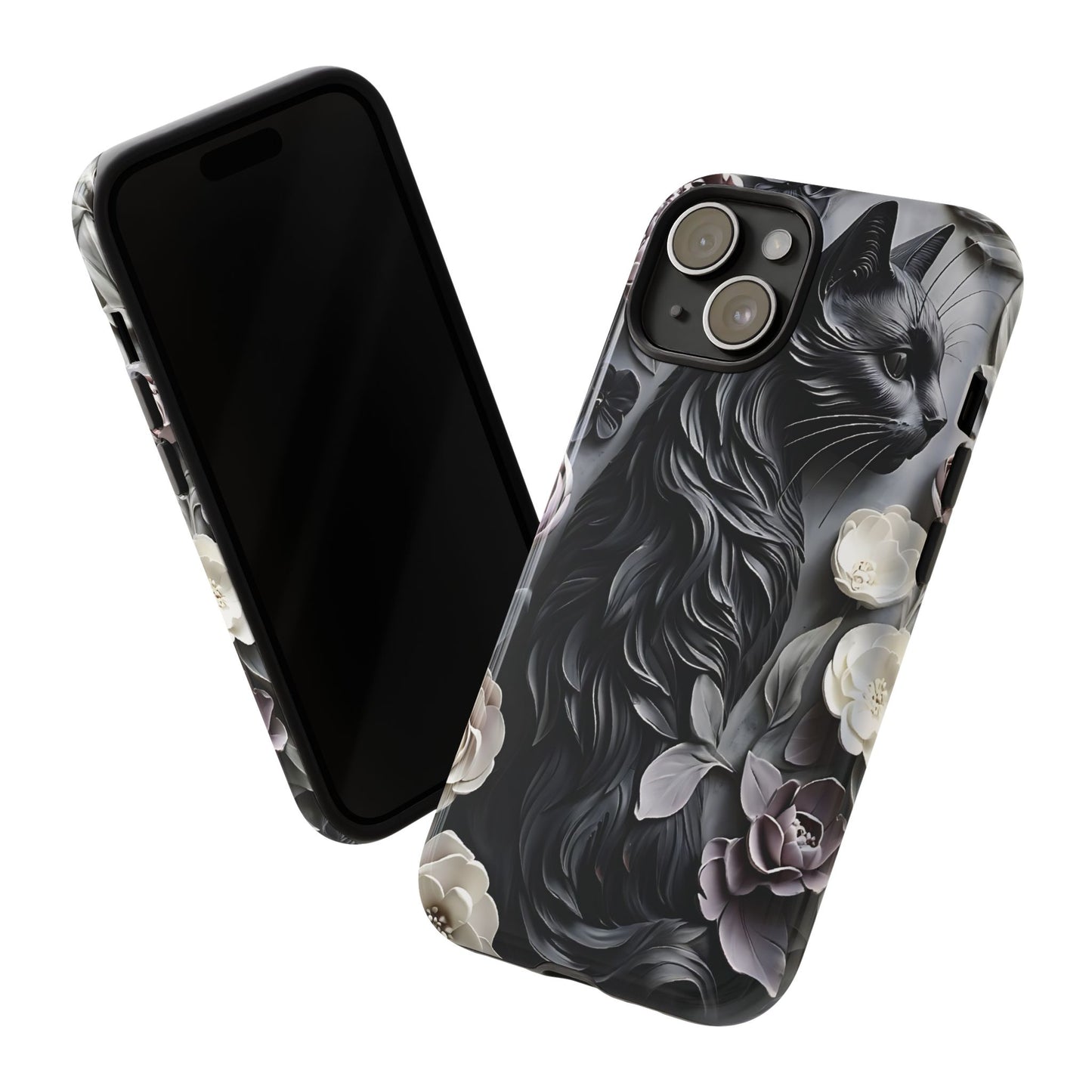 Intricate Bas-Relief Sculpture Of Black Cat Among Flowers phone case design