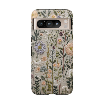 Intricate Embroidery Artwork Featuring Botanical Elements On Beige phone case design.