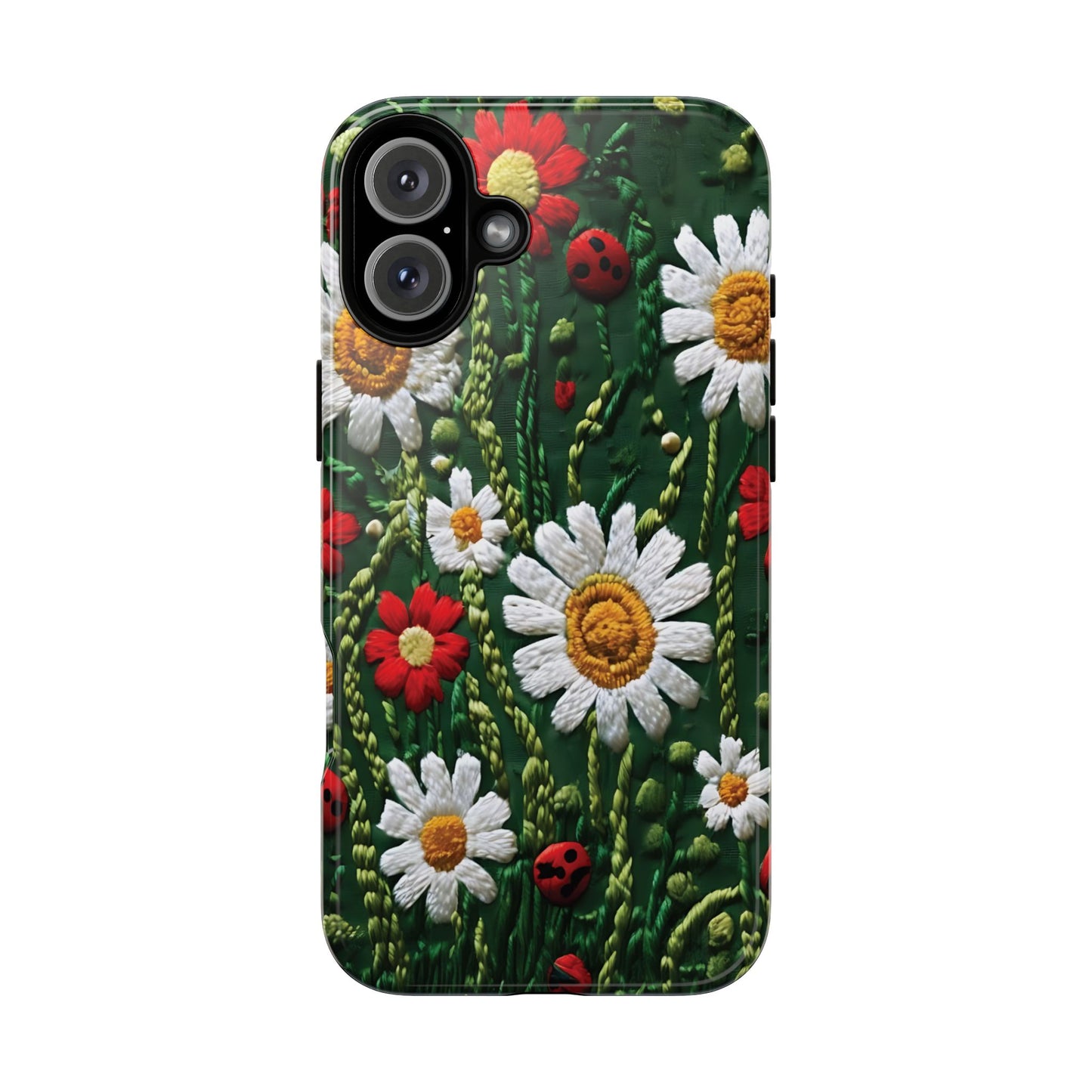 Intricate Embroidered Fabric Featuring Daisies And Ladybugs phone case design
