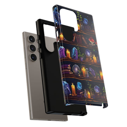 Fantasy Seamless Pattern Of Wooden Shelves Filled With Mystical Items phone case design.