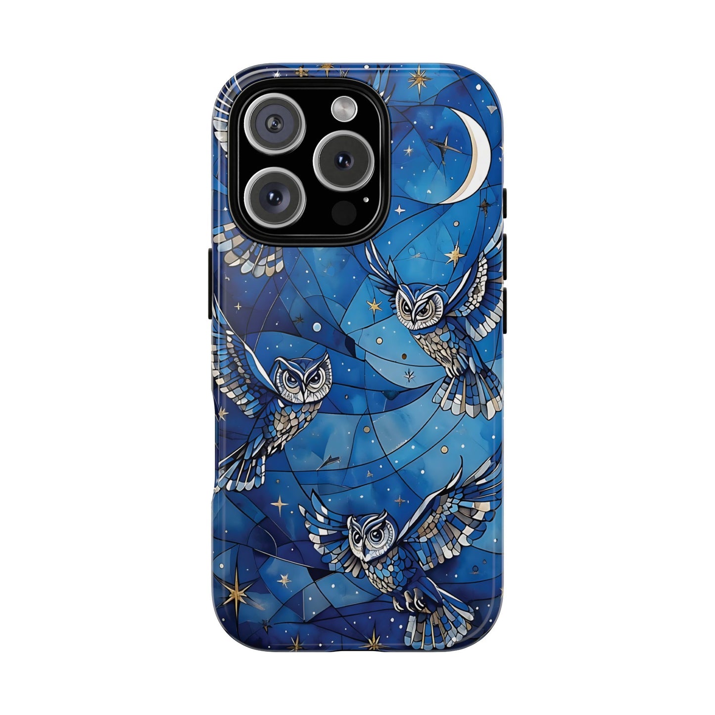 Surrealistic Owls Soaring Through A Celestial Night Sky phone case design.