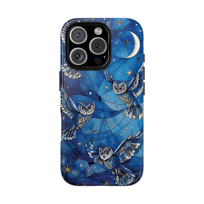Surrealistic Owls Soaring Through A Celestial Night Sky phone case design.