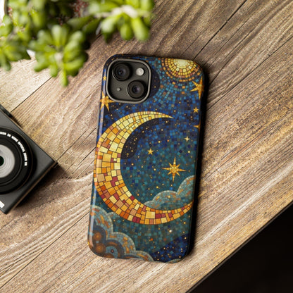 Golden Crescent: Mosaic Moon and Starry Night