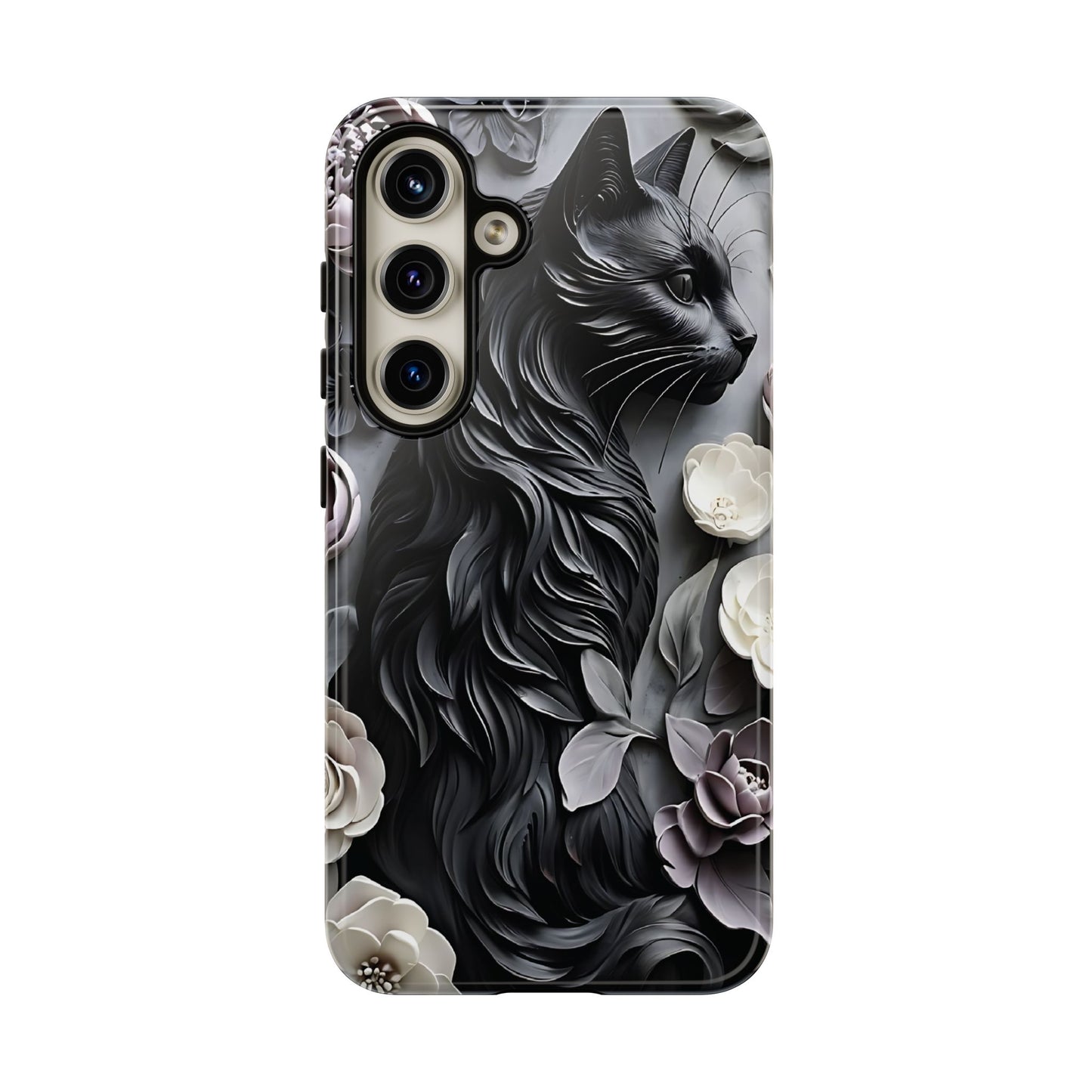 Intricate Bas-Relief Sculpture Of Black Cat Among Flowers phone case design