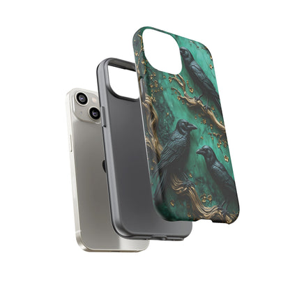 Three Black Ravens Perched On Gold-Accent Branches phone case design