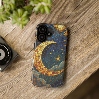 Golden Crescent: Mosaic Moon and Starry Night