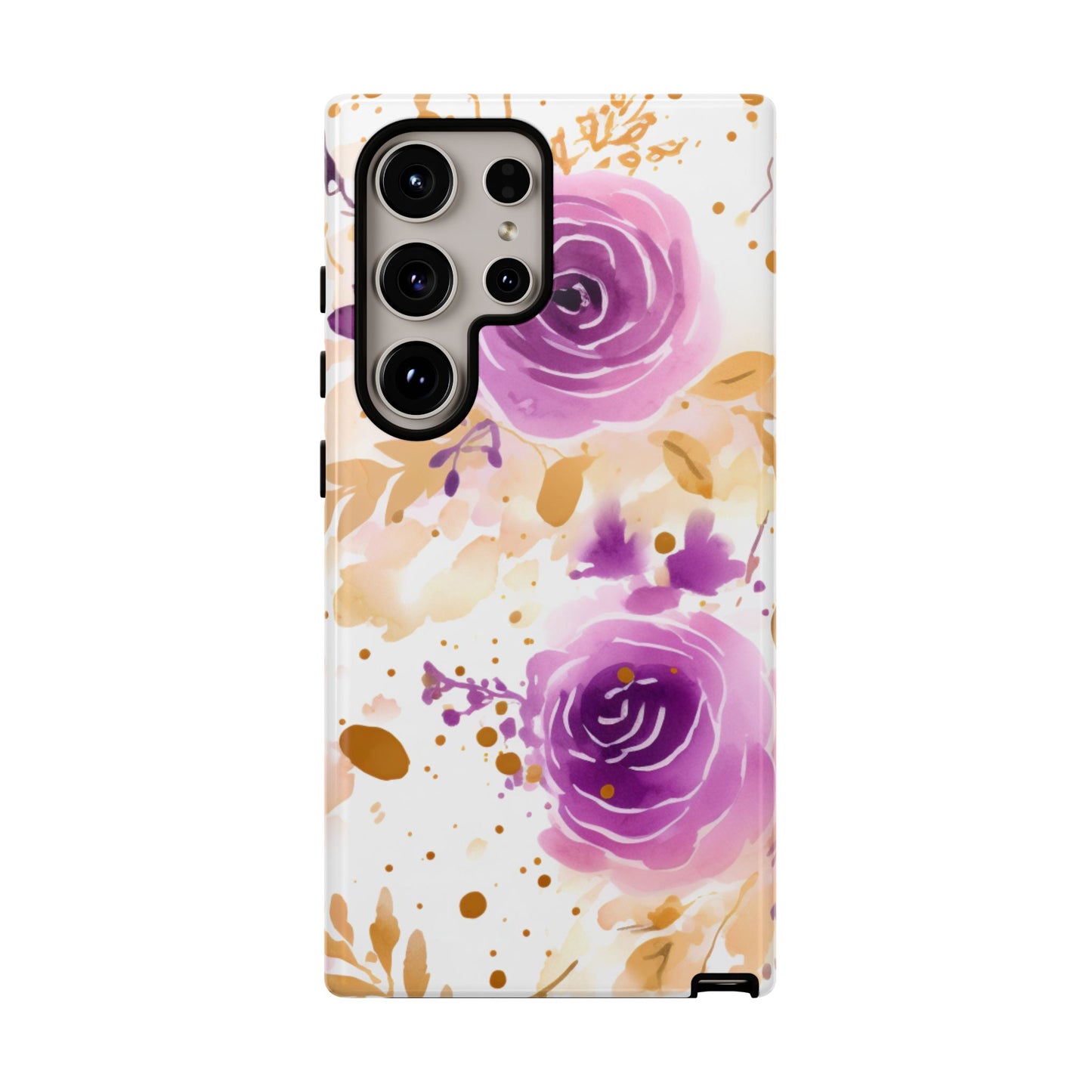 Purple Bloom Watercolor Mobile Case – Artistic Elegance in Gold & Lilac