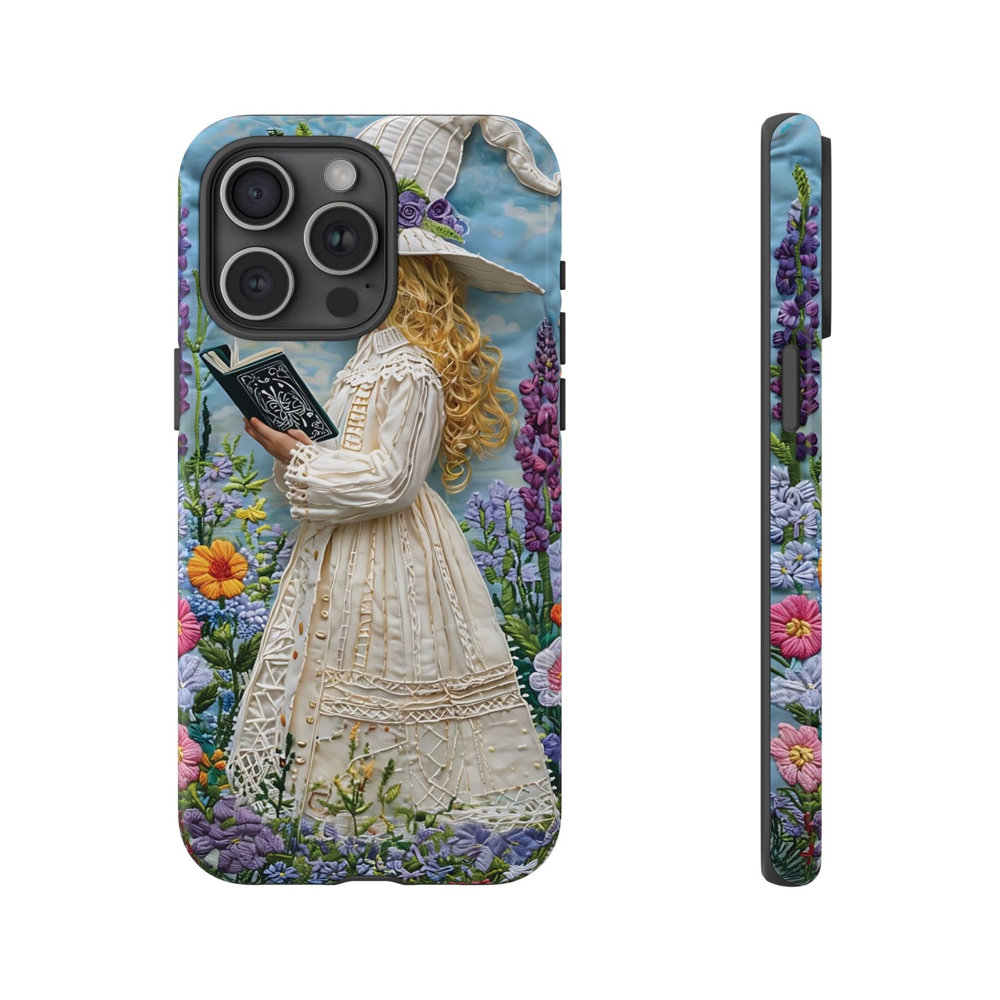 Whimsical Embroidery Of A Girl Reading In A Garden phone case design.
