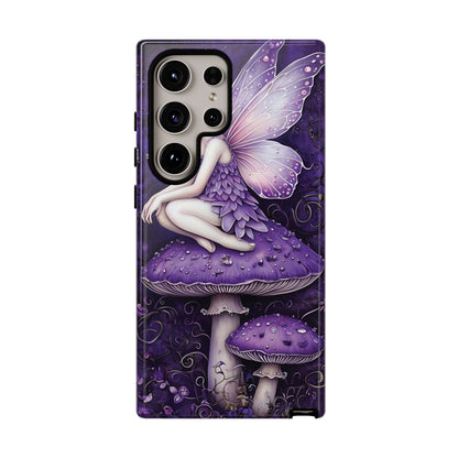 Whimsical Fairy Seated On Purple Mushroom In Enchanting Scene phone case design.