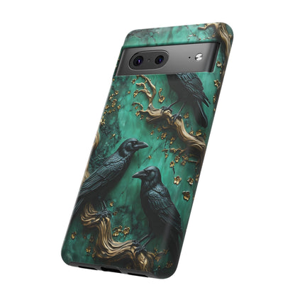 Three Black Ravens Perched On Gold-Accent Branches phone case design
