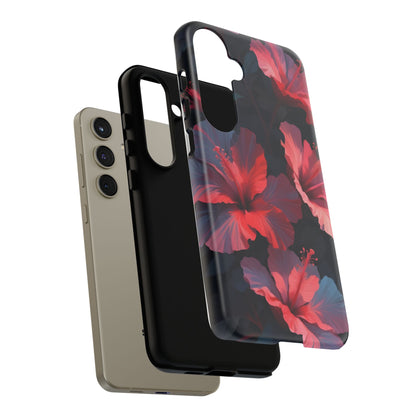 Vibrant red and pink hibiscus flowers blooming against a dark background| Floral phone case design