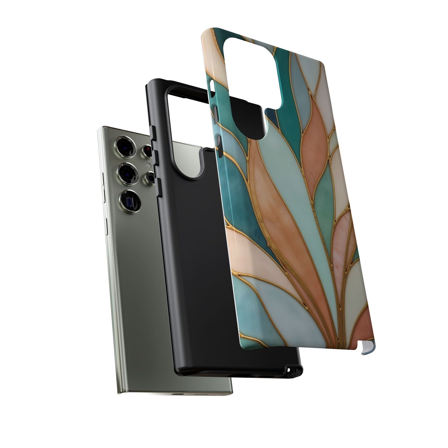 Geometric Leaves: Teal, Peach, and Gold Harmony