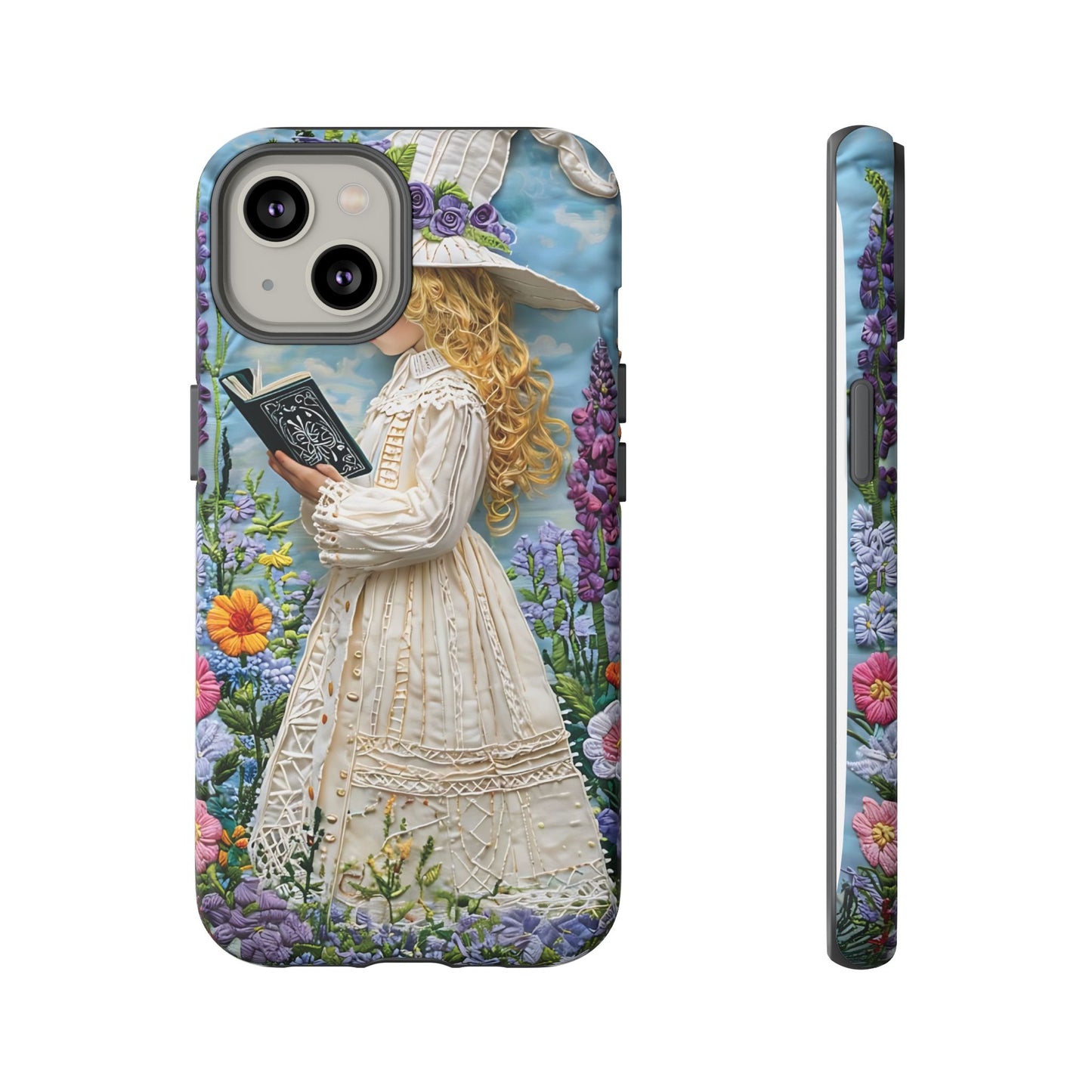Whimsical Embroidery Of A Girl Reading In A Garden phone case design.