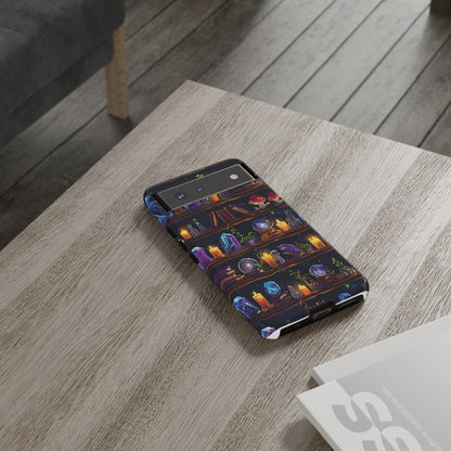 Fantasy Seamless Pattern Of Wooden Shelves Filled With Mystical Items phone case design.