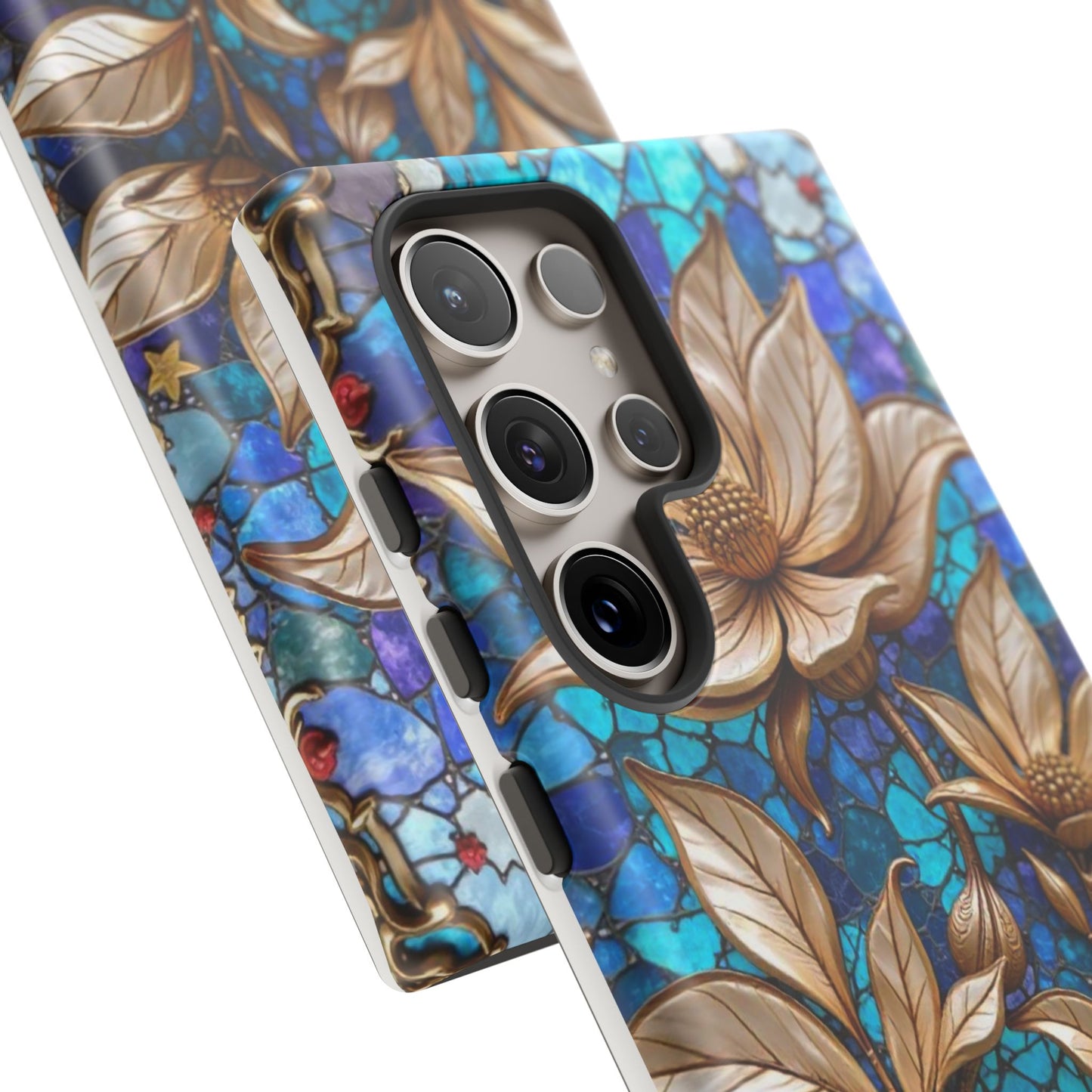 Golden Blossoms on Mosaic Blue Elegance