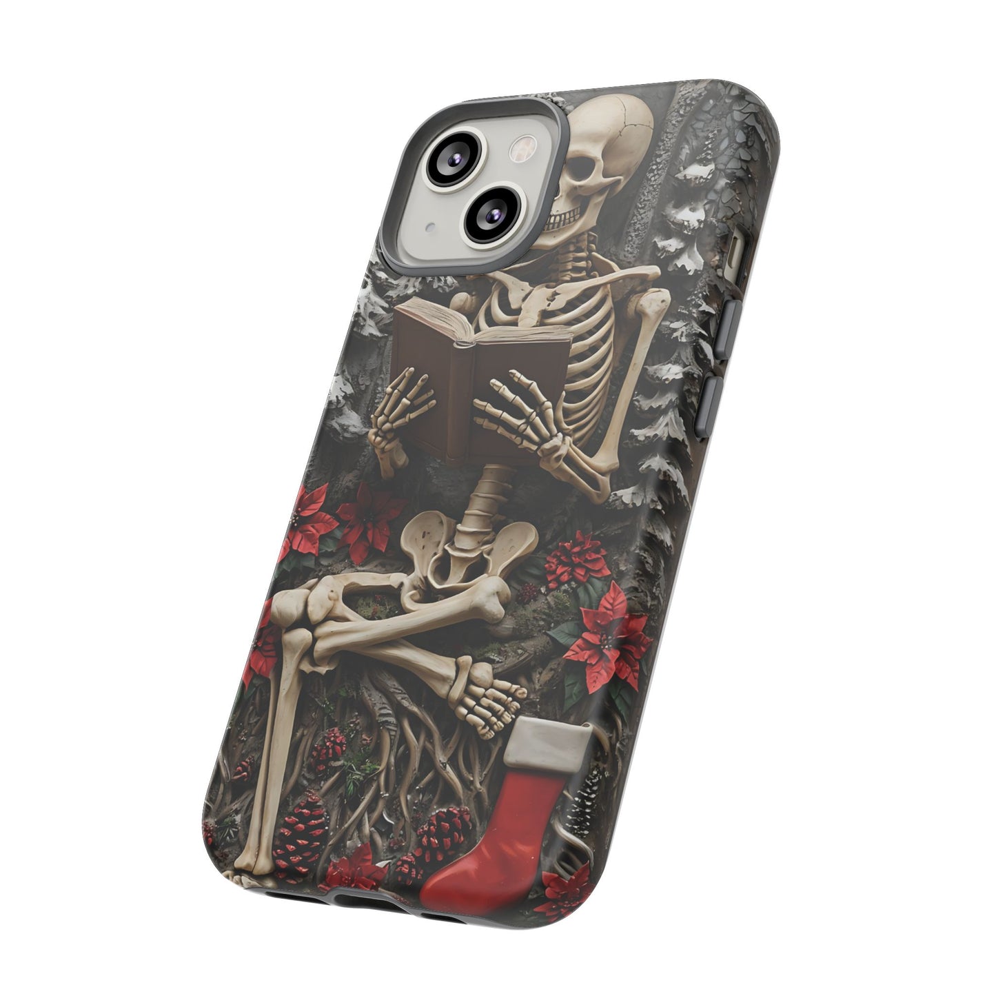 Surreal Relief Sculpture of Skeleton Reading Amidst Festive Decor phone case design