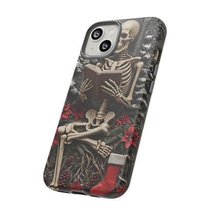 Surreal Relief Sculpture of Skeleton Reading Amidst Festive Decor phone case design