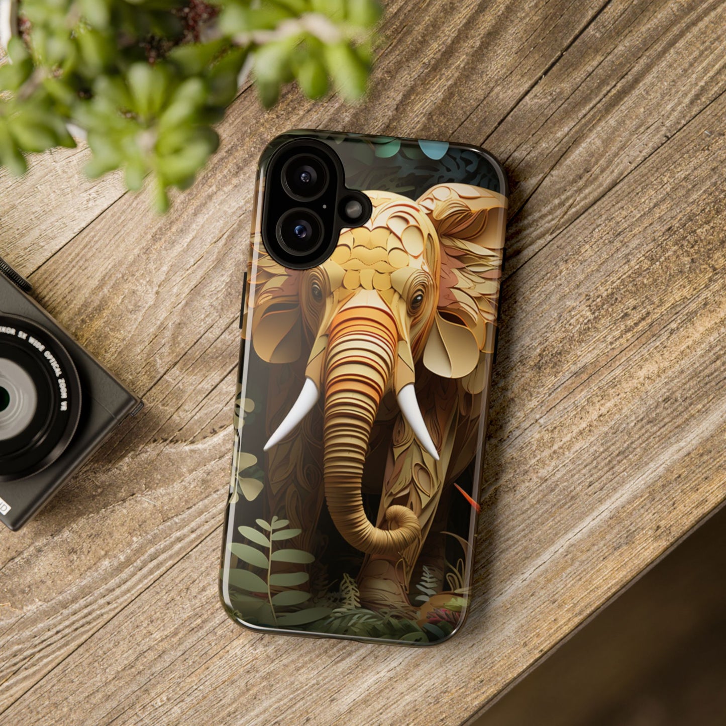 Golden Jungle Elephant Mobile Cover – Intricate Paper Art Design