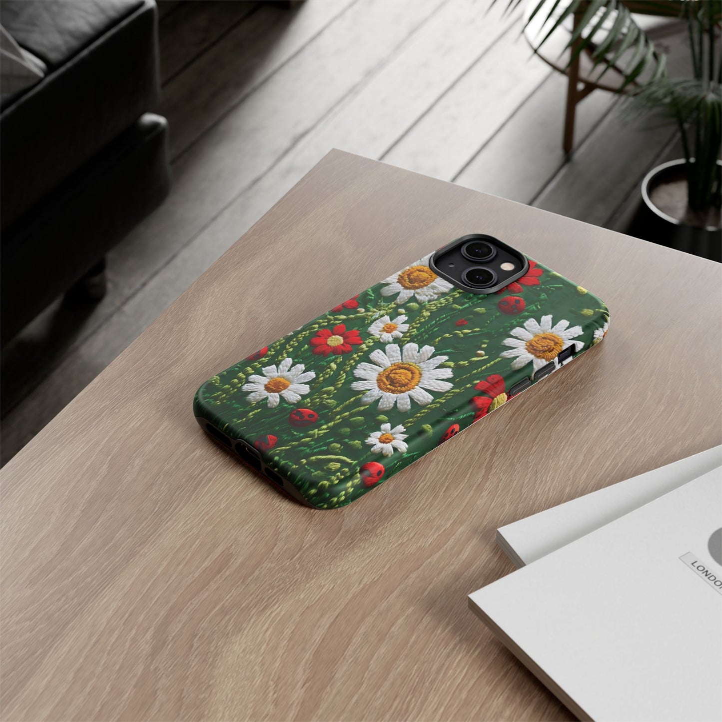 Knitted Pattern With Diamonds And Festive Motifs On Navy phone case design.