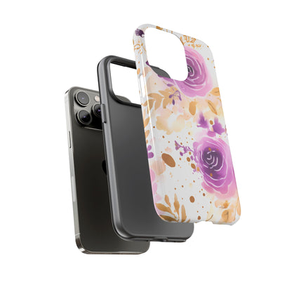 Purple Bloom Watercolor Mobile Case – Artistic Elegance in Gold & Lilac