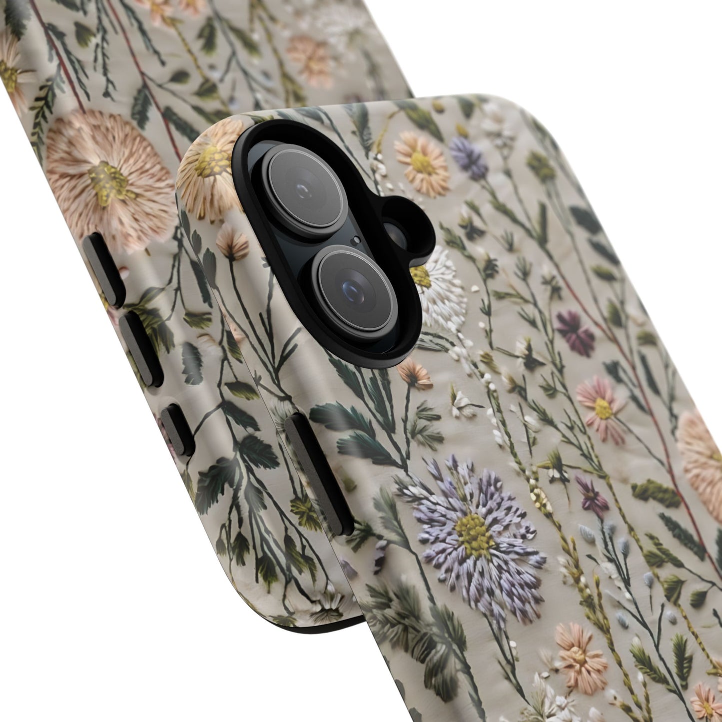 Intricate Embroidery Artwork Featuring Botanical Elements On Beige phone case design.