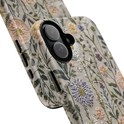 Intricate Embroidery Artwork Featuring Botanical Elements On Beige phone case design.