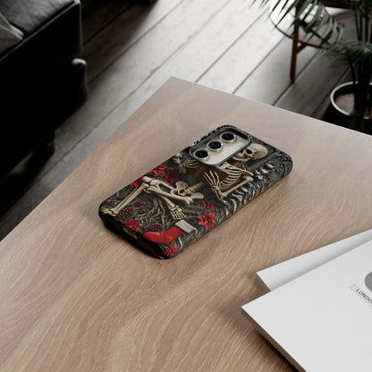 Surreal Relief Sculpture of Skeleton Reading Amidst Festive Decor phone case design