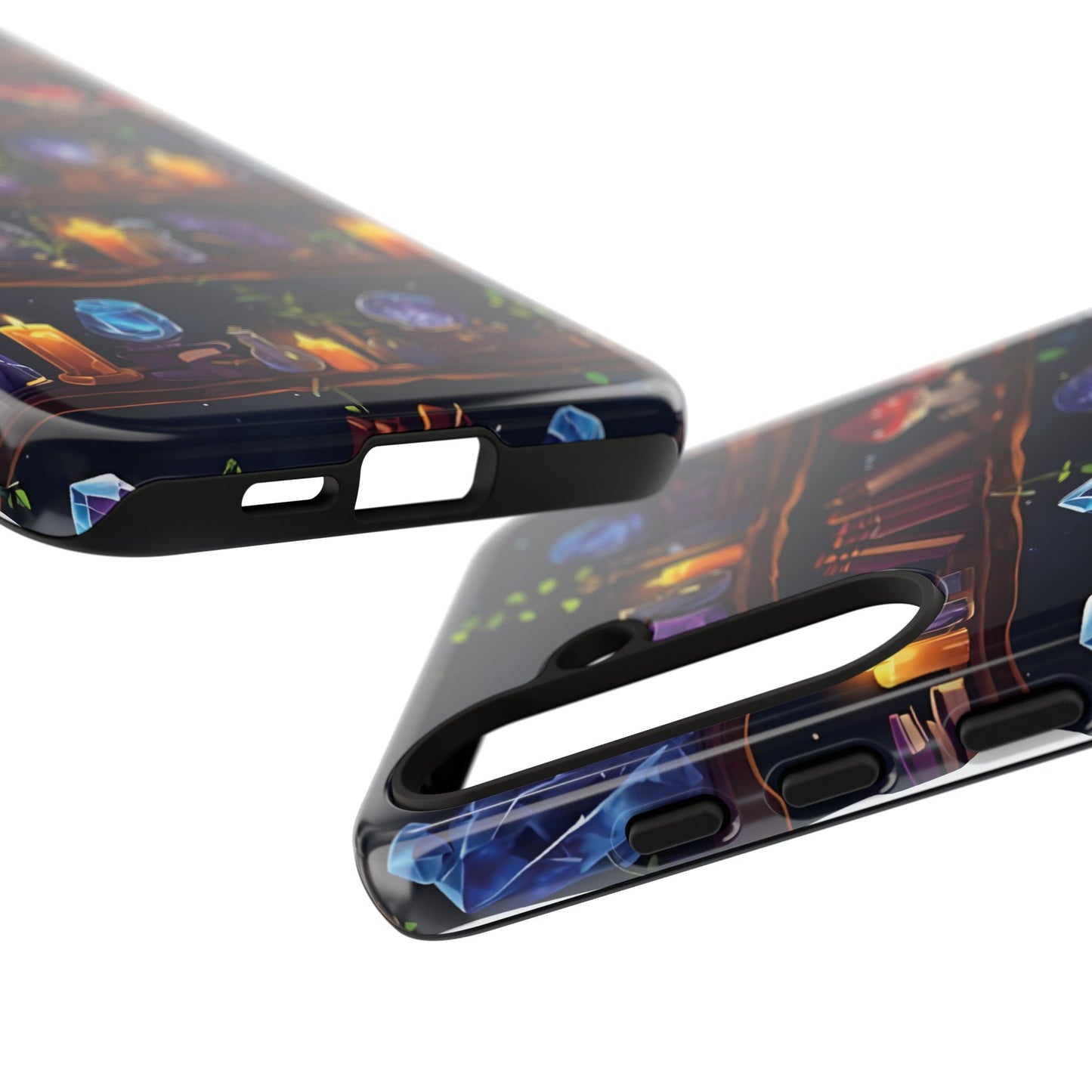 Fantasy Seamless Pattern Of Wooden Shelves Filled With Mystical Items phone case design.