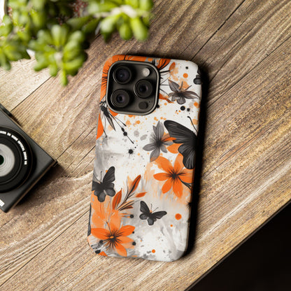 Bold Butterfly & Floral Splash Mobile Cover – Black & Orange Aesthetic