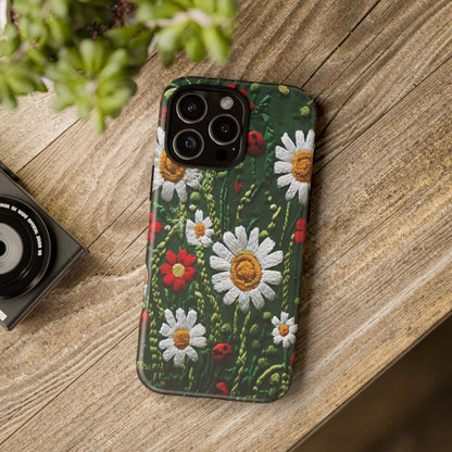 Intricate Embroidered Fabric Featuring Daisies And Ladybugs phone case design