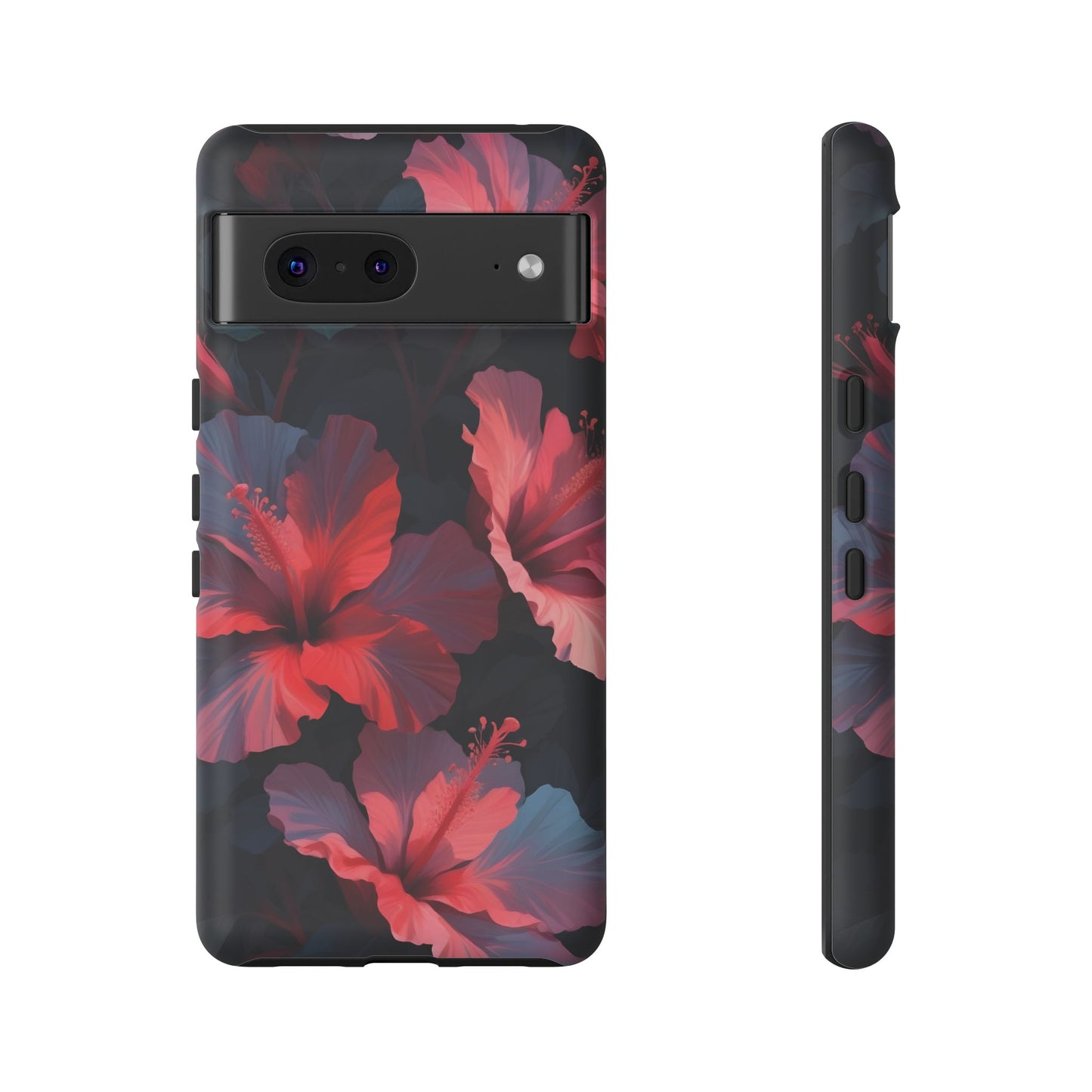 Vibrant red and pink hibiscus flowers blooming against a dark background| Floral phone case design