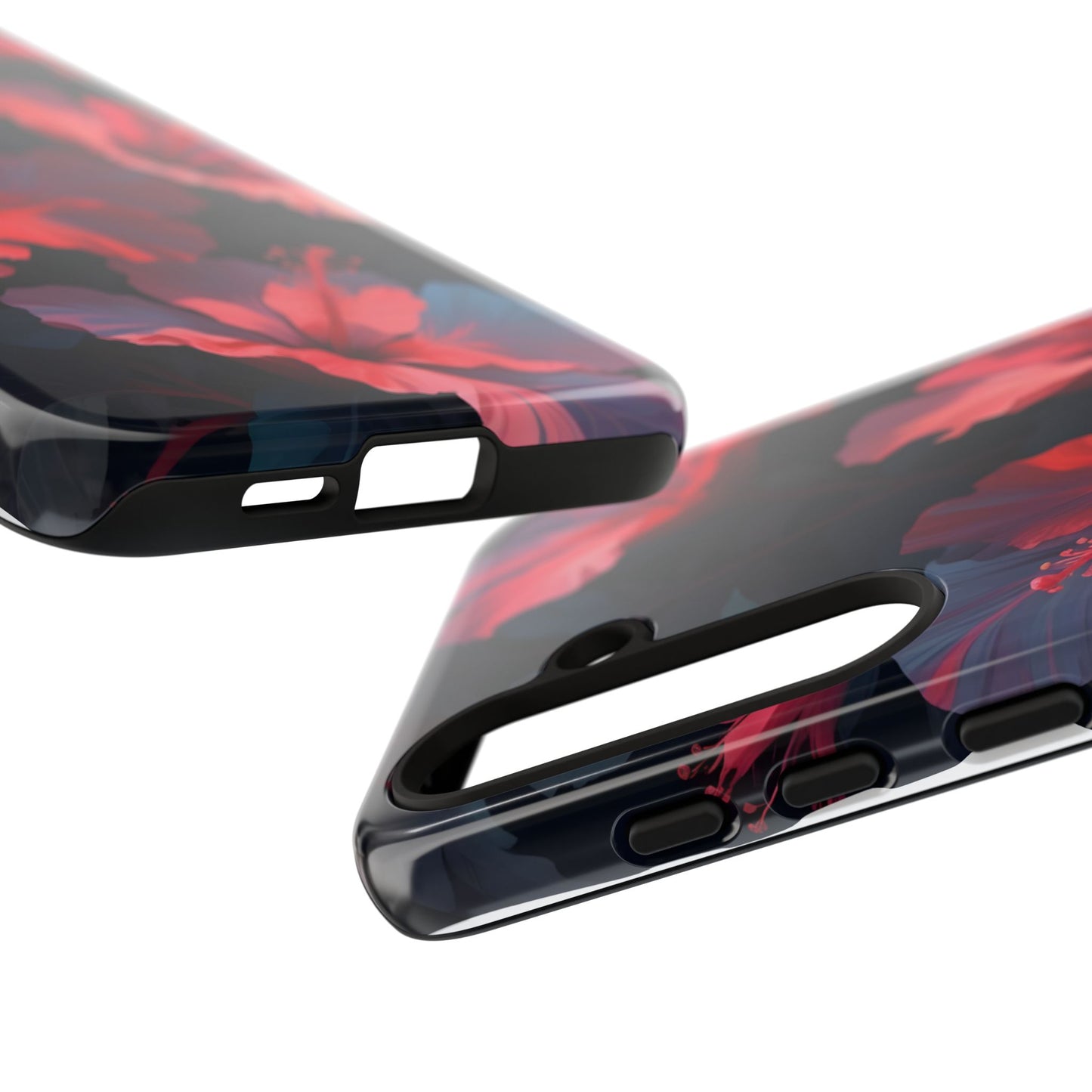 Vibrant red and pink hibiscus flowers blooming against a dark background| Floral phone case design