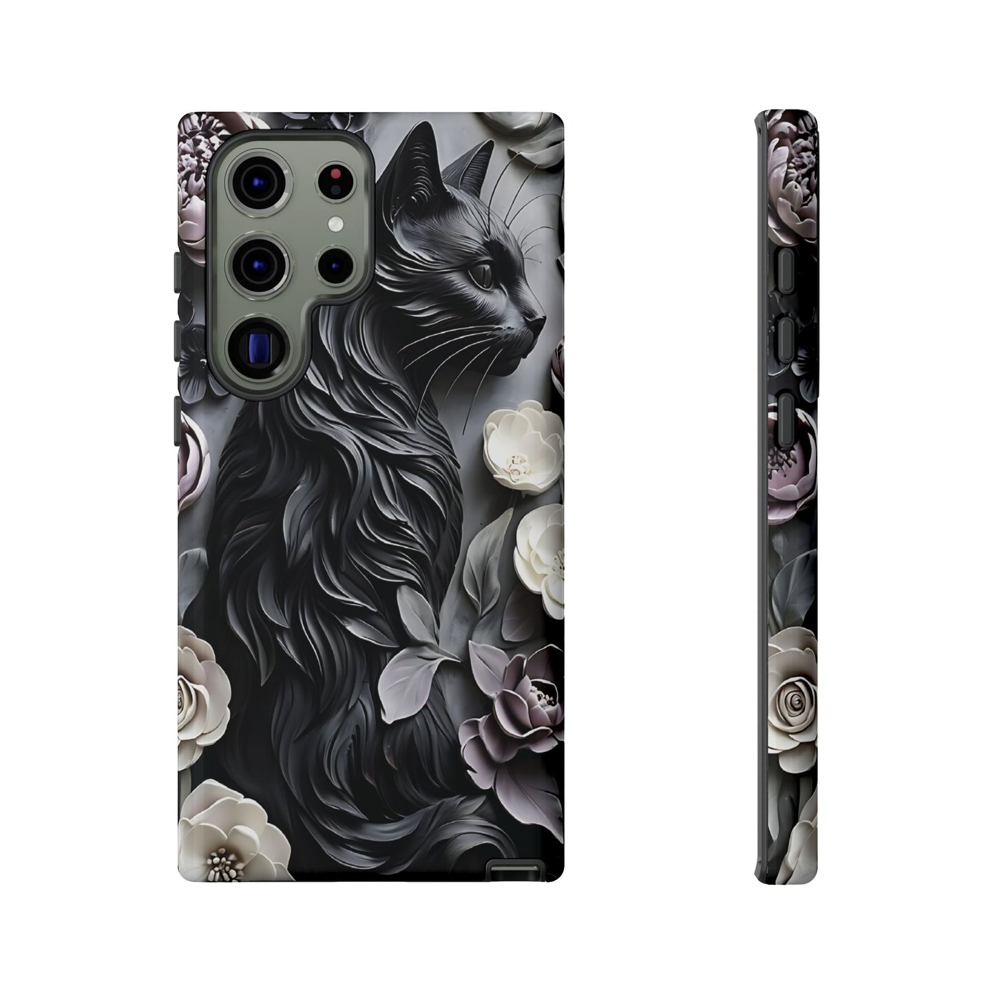 Intricate Bas-Relief Sculpture Of Black Cat Among Flowers phone case design