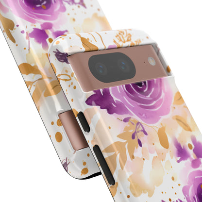 Purple Bloom Watercolor Mobile Case – Artistic Elegance in Gold & Lilac
