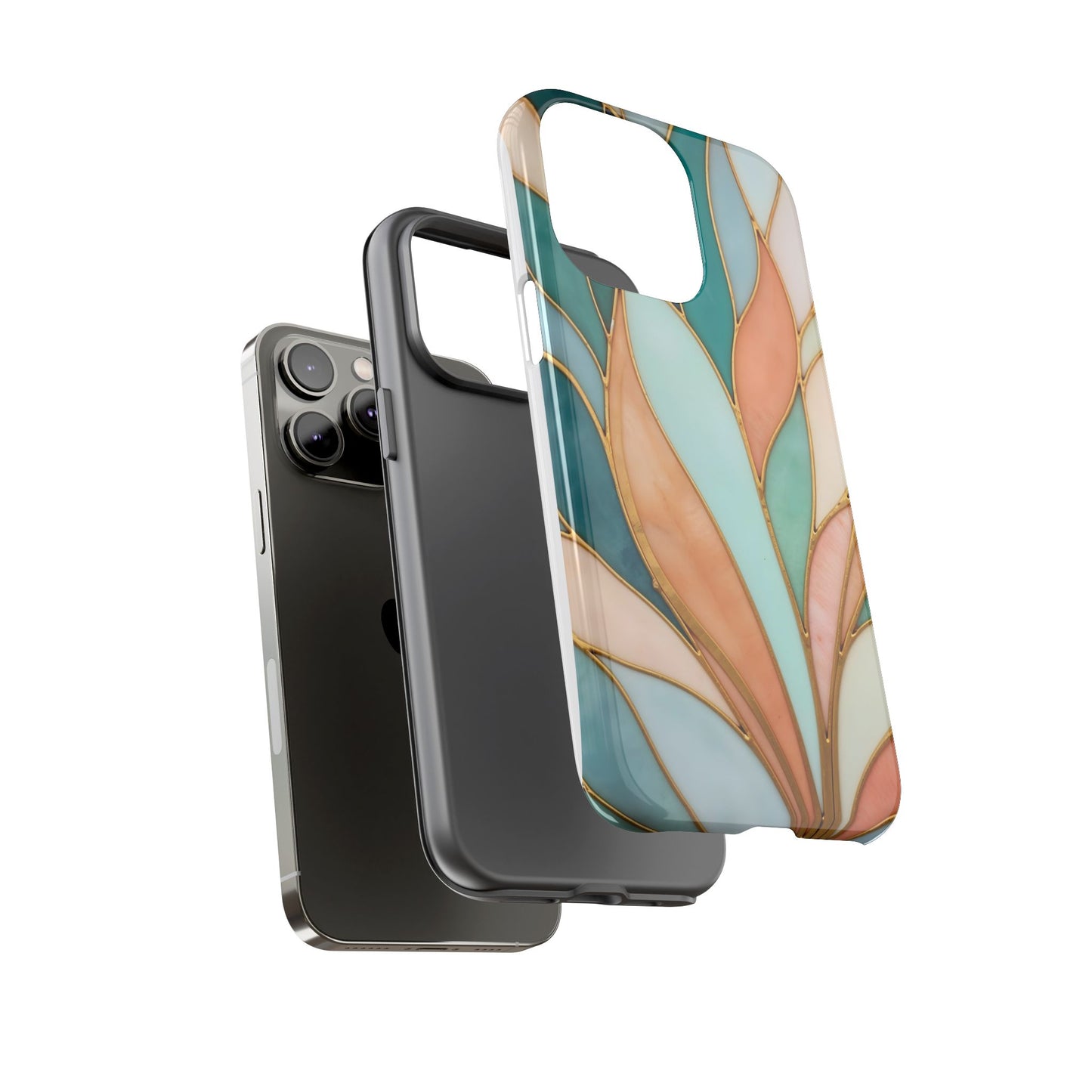 Geometric Leaves: Teal, Peach, and Gold Harmony