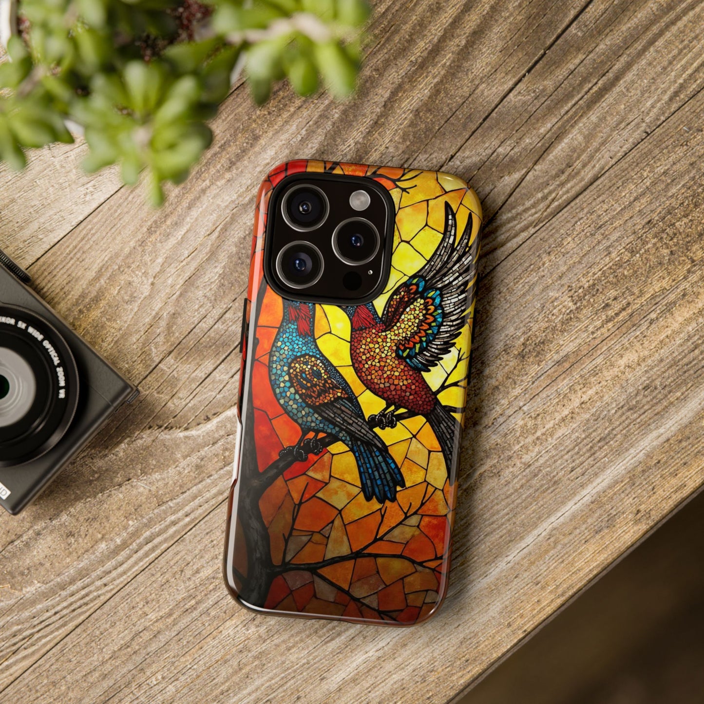 Vibrant Hummingbirds with Stained Glass Charm