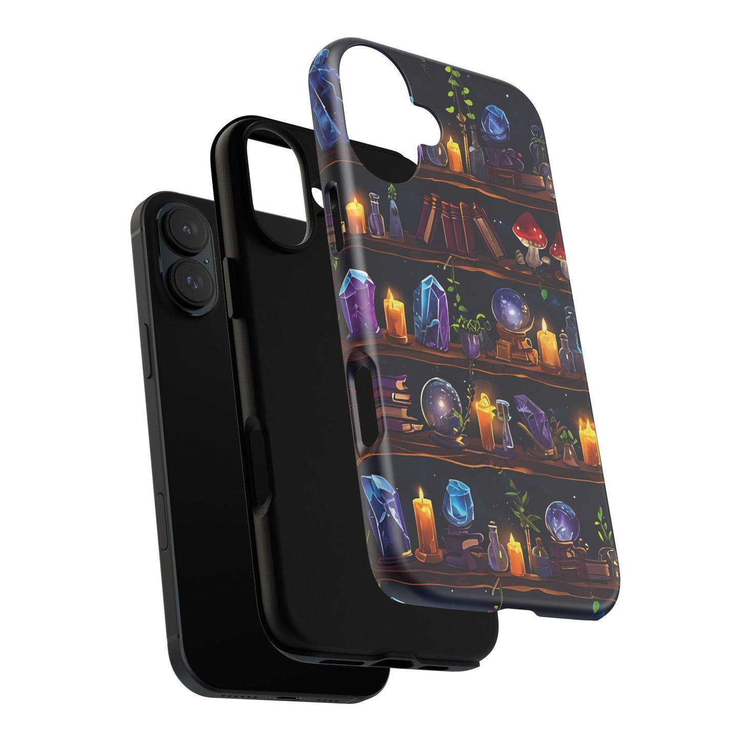 Fantasy Seamless Pattern Of Wooden Shelves Filled With Mystical Items phone case design.