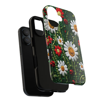 Intricate Embroidered Fabric Featuring Daisies And Ladybugs phone case design