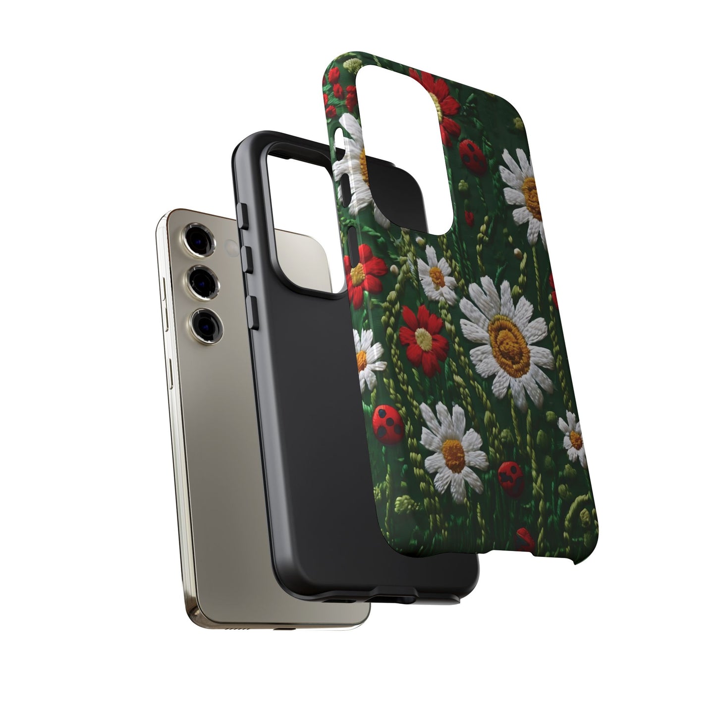 Intricate Embroidered Fabric Featuring Daisies And Ladybugs phone case design