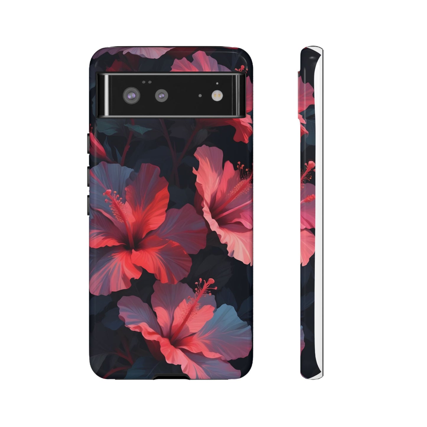 Vibrant red and pink hibiscus flowers blooming against a dark background| Floral phone case design