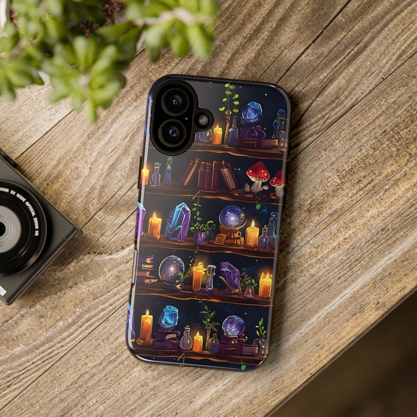 Fantasy Seamless Pattern Of Wooden Shelves Filled With Mystical Items phone case design.