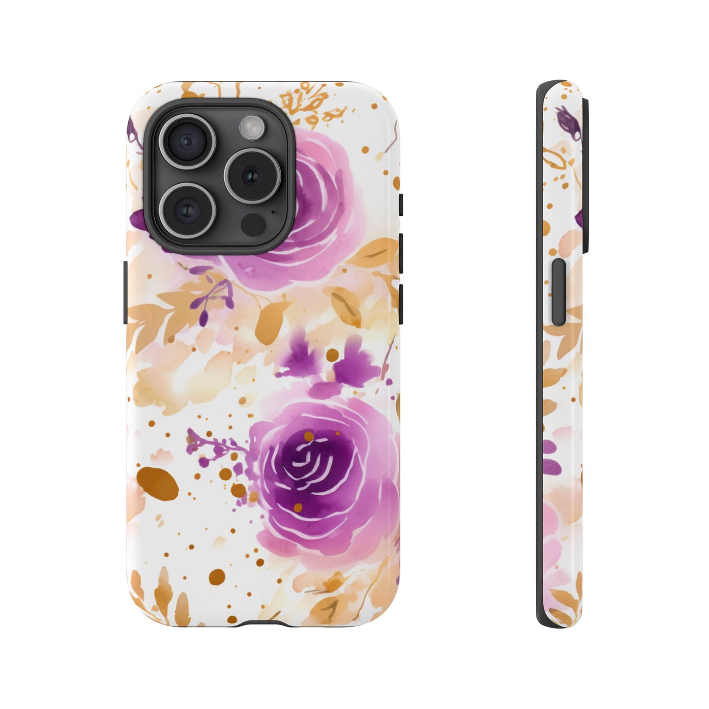 Purple Bloom Watercolor Mobile Case – Artistic Elegance in Gold & Lilac